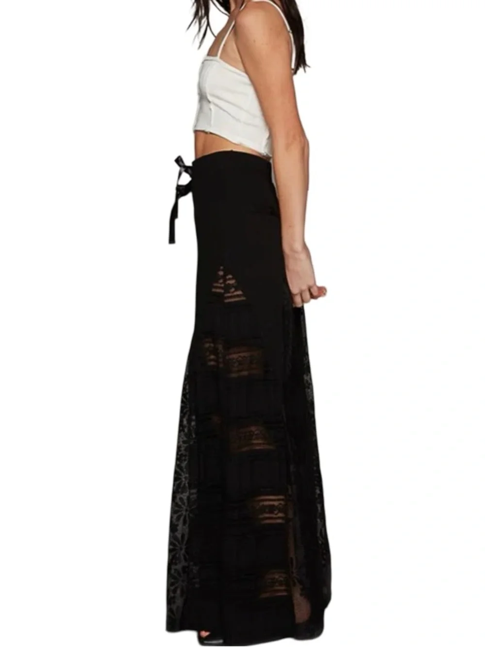 ▪️🔲◾️POL Black Wide-Leg Lace-Panel Pants with Satin Waist Tie ◾️🔲▪️ - Picture 4 of 14